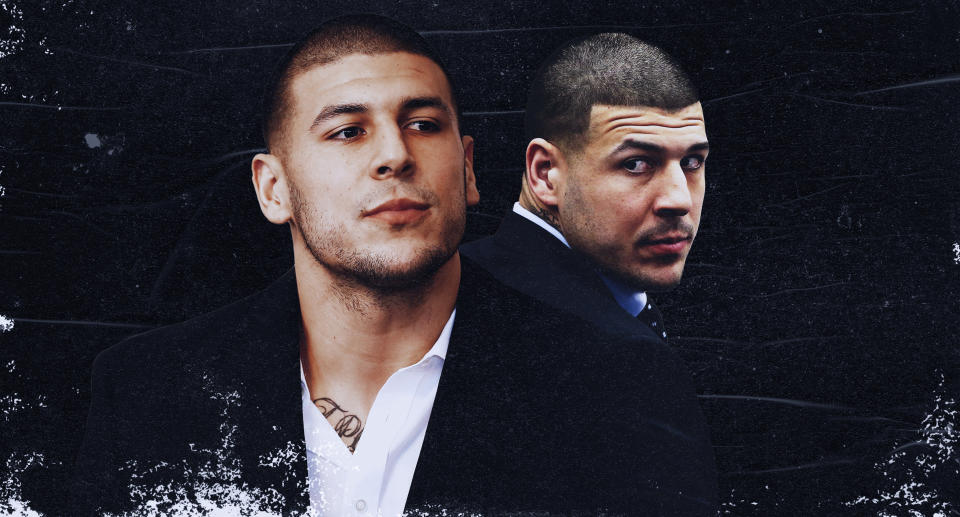 Netflix's "Killer Inside" tries to make sense of Aaron Hernandez's murderous mindset. (AP/Paul Rosales/Yahoo Sports illustration)