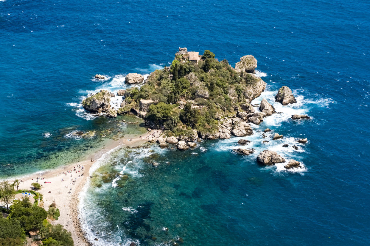 TAORMINA, SICILY, ITALY - 2022/05/07: Aerial view of Isola Bella, a small island off the coast of the tourist destination of Taormina, now turned into a nature reserve. (Photo by Frank Bienewald/LightRocket via Getty Images)