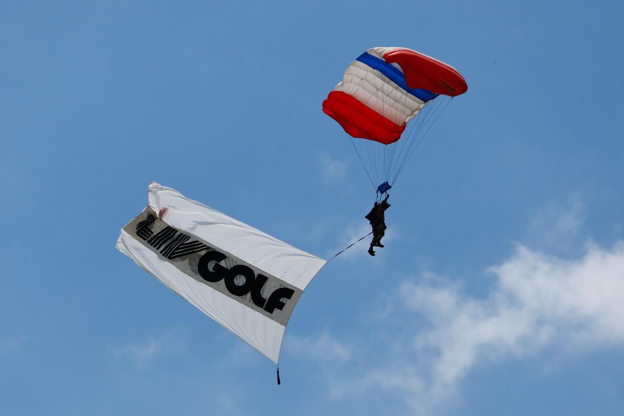 The Frog X parachute team drops in with an LIV Golf Flag at the LIV Golf Invitational Series on July 31, 2022 at Trump National Golf Club in Bedminster, NJ. (Photo by Rich Graessle/Icon Sportswire via Getty Images)
