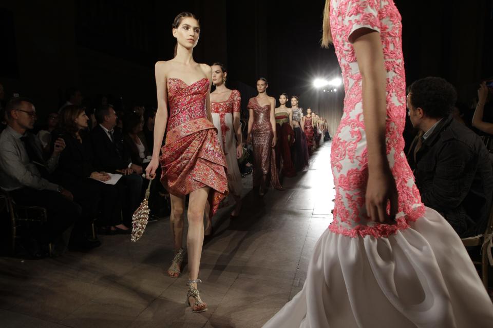 A model wears a design from the Marchesa Spring 2013 collection at Fashion Week in New York, Wednesday, Sept. 12, 2012.  (AP Photo/Kathy Willens)