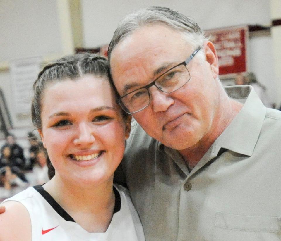 Former Barnstable High School hoops player Carly Whiteside with her Dad, Dave Whiteside, after she scored her 1,000th point in 2019. Ron Schloerb/Cape Cod Times