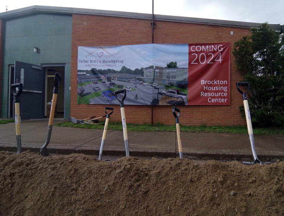 The exterior of the former Army building in Brockton near the VA building, which will be the location of a new Father Bill's homeless shelter, where the ground breaking ceremony took place on Wednesday, May 3, 2023.