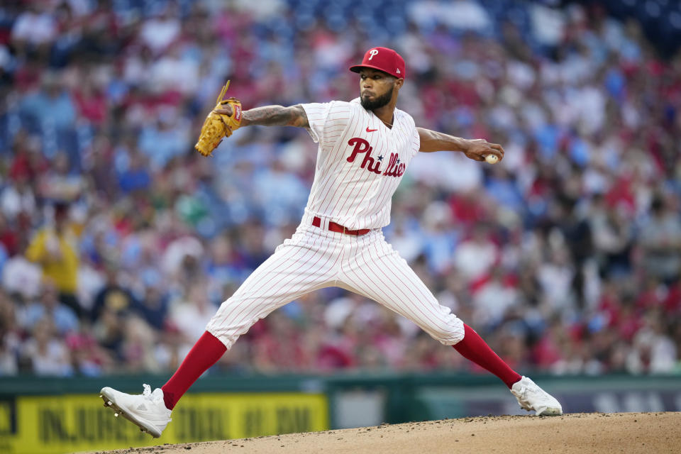 Philadelphia Phillies' Cristopher Sanchez pitches during the second inning of a baseball game against the Minnesota Twins, Friday, Aug. 11, 2023, in Philadelphia. (AP Photo/Matt Slocum)
