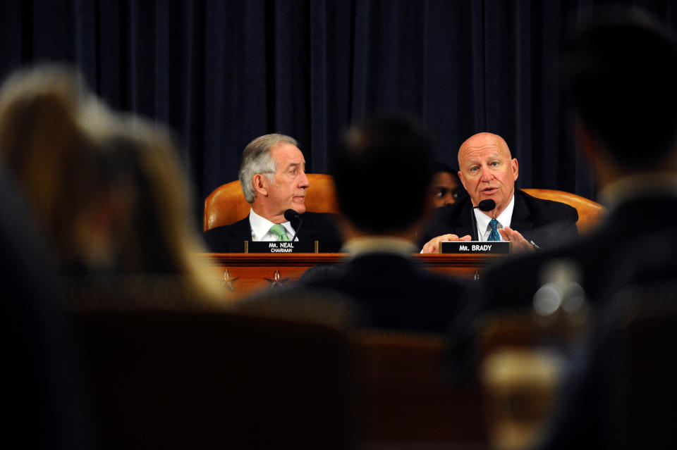 Chairman, Rep. Richard Neal, (D-MA) and Rep. Kevin Brady, (R-TX), question U.S. Commerce Secretary Wilbur Ross who testifies during a House Oversight and Reform Committee hearing on oversight of the Commerce Department, in Washington, U.S., March 14, 2019.      REUTERS/Mary F. Calvert
