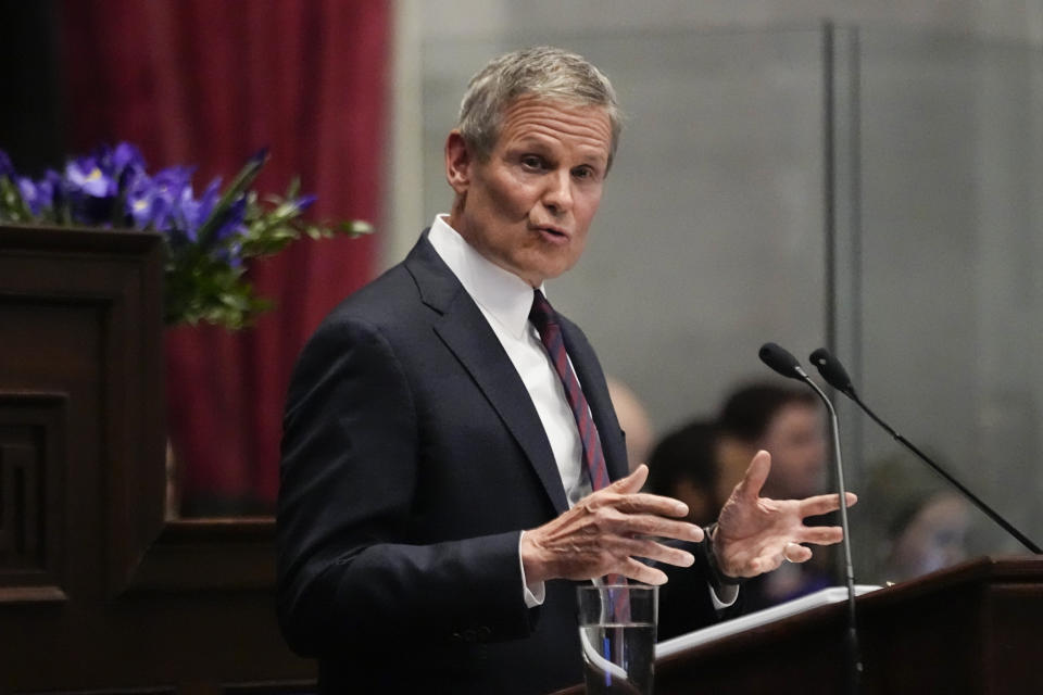 Gov. Bill Lee delivers his State of the State address in the House chamber Monday, Feb. 5, 2024, in Nashville, Tenn. (AP Photo/George Walker IV)