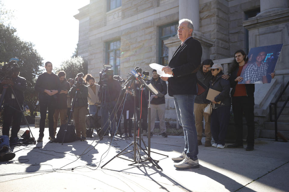 Joel Paez, father of Manuel Esteban Paez Terán, speaks during a press conference, Monday, March 13, 2023, in Decatur, Ga. A press conference was held to give additional autopsy findings in Terán's death. (AP Photo/Alex Slitz)