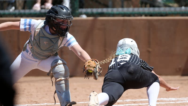 Sky View catcher Preslie Jensen tags Payson’s Alli Drake out as Jensen tries to slide home during the Super Regionals of the 4A state softball tournament at the Gene Hillman Recreation Complex in Payson on Friday, May 10, 2024. Payson won 6-3.