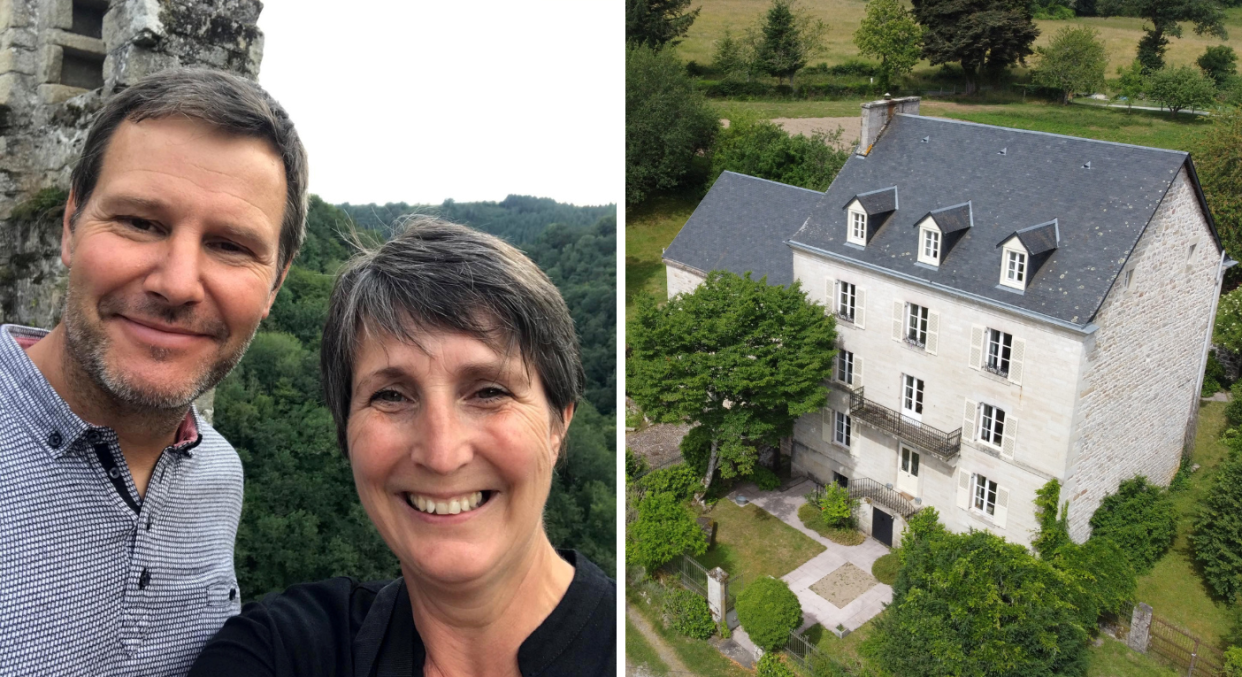 A split image of Heidi and Anthony Muir and their nine-bedroom French château. (SWNS)