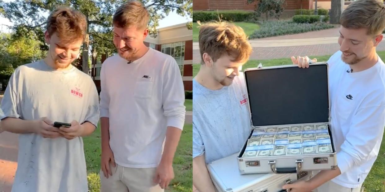 MrBeast standing next to an interviewee in a video; MrBeast and the interviewee with a briefcase that appears to be full of cash.