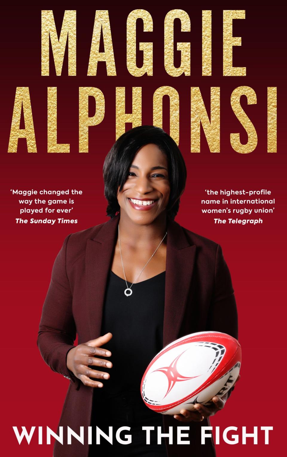Maggie Alphonsi autobiography dust jacket image of Maggie with a rugby ball