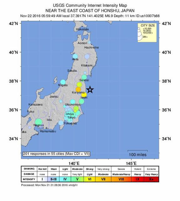 A magnitude 6.9 earthquake struck near Fukushima, Japan, on Nov. 22, 2016.