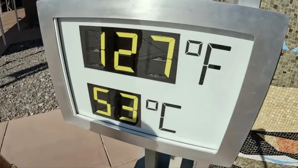 A temperature gauge in Death Valley, Calif., shows a reading of 127 degrees Fahrenheit.