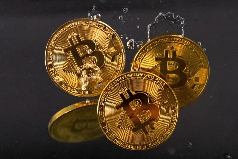 FILE PHOTO: Illustration shows representation of cryptocurrency Bitcoin plunge into water