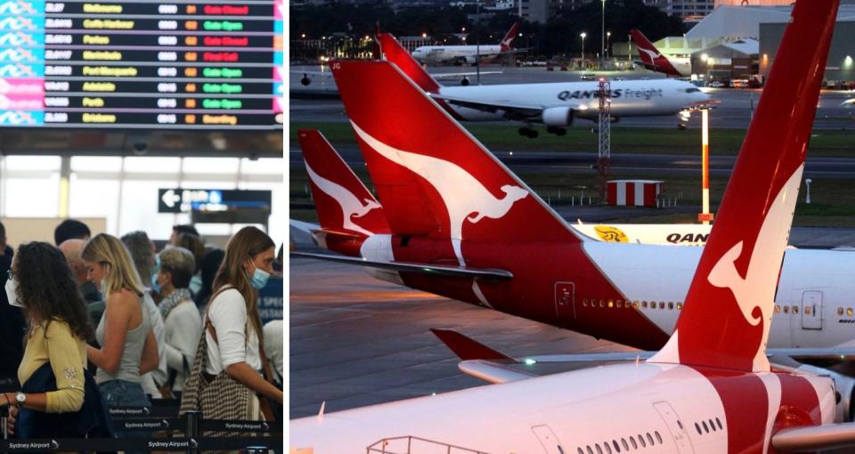 Composite image of travellers in an airport, and Qantas planes on the tarmac.