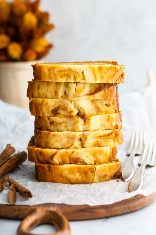 <p>The Novice Chef</p><p>Thick, fluffy and moist pumpkin bread stuffed with sweet cream cheese swirls… need I say more? </p><p><strong>Get the recipe: <em><a href="https://thenovicechefblog.com/pumpkin-cream-cheese-bread/" rel="nofollow noopener" target="_blank" data-ylk="slk:Pumpkin Cream Cheese Bread;elm:context_link;itc:0;sec:content-canvas" class="link ">Pumpkin Cream Cheese Bread</a></em></strong></p>