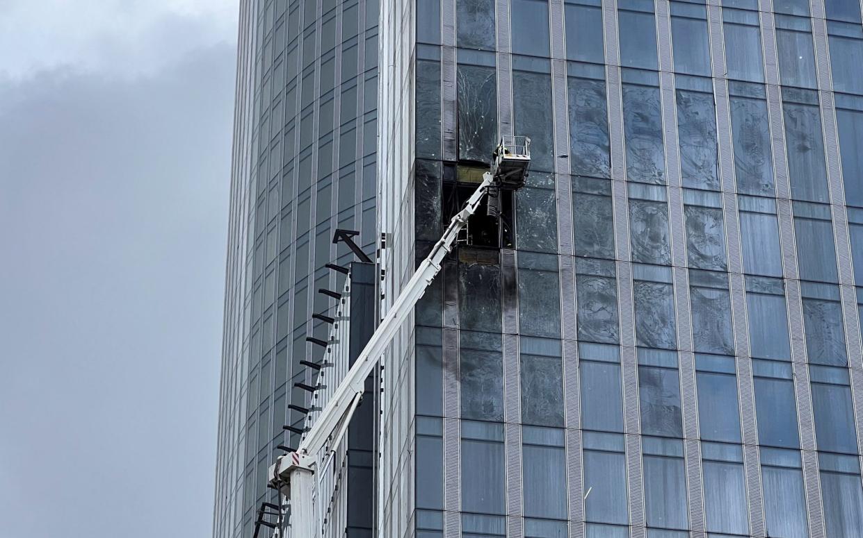 The damaged facade of a high-rise building in Moscow
