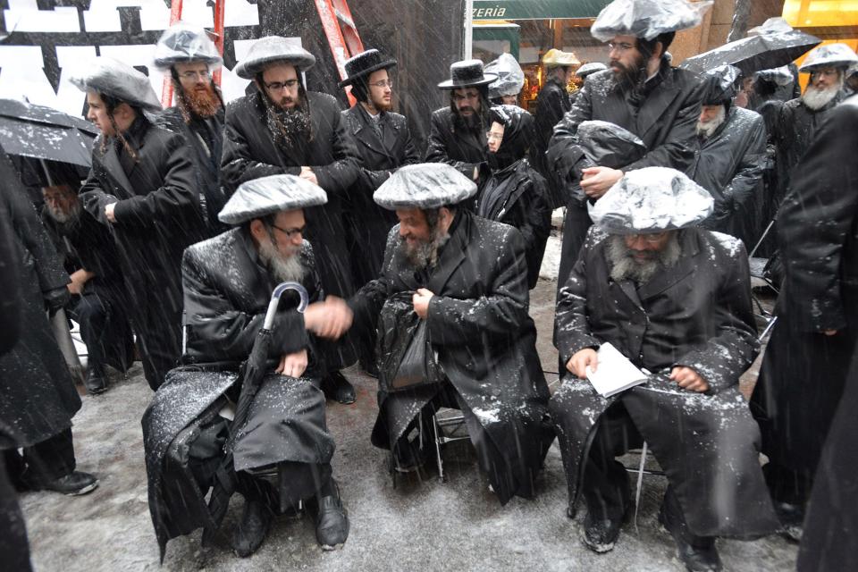 Thousands of  Satmar Hasidim took part in a  protest against Israeli Prime Minister Benjamin Netanyahu in front of the of Israeli Consulate in Manhattan on March 3, 2015, while he delivered a controversial address to a joint session of Congress.