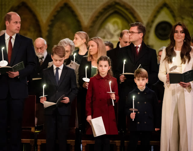 LONDON, ENGLAND – DECEMBER 8: Prince William, Prince of Wales, Prince George, Princess Charlotte, Prince Louis and Catherine, Princess of Wales during the Royal Carols – Together At Christmas service at Westminster Abbey on December 8, 2023 in London, England. <em>Photo by Aaron Chown – WPA Pool/Getty Images.</em>