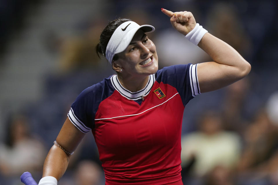 Bianca Andreescu, of Canada, reacts between points during the first round of the US Open tennis championships, Tuesday, Aug. 31, 2021, in New York. (AP Photo/Frank Franklin II)