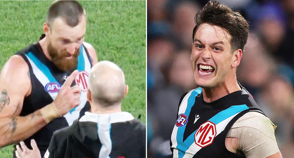 Port Adelaide's Charlie Dixon, coach Ken Hinkley and Zak Butters were all involved in drama during the AFL victory over Fremantle. Pic: Fox Footy/Getty