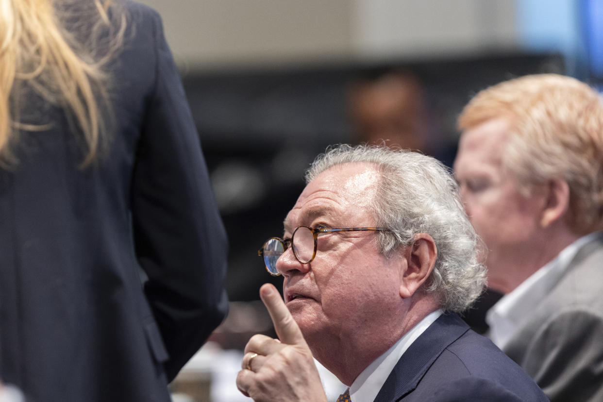 Defense attorney Dick Harpootlian speaks with his colleague Margaret Fox during Alex Murdaugh's trial for murder at the Colleton County Courthouse in Walterboro, S.C., on Wednesday, Feb. 22, 2023. The 54-year-old attorney is standing trial on two counts of murder in the shootings of his wife and son at their Colleton County, S.C., home and hunting lodge on June 7, 2021. (Joshua Boucher/The State via AP, Pool)