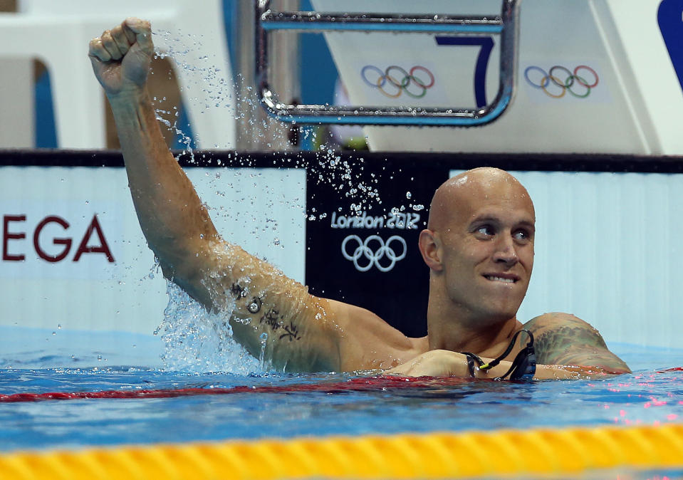 LONDON, ENGLAND - AUGUST 01: Brent Hayden of Canada celebrates bronze in the Mens 100m freestyle final on Day 5 of the London 2012 Olympic Games at the Aquatics Centre on August 1, 2012 in London, England. (Photo by Ian MacNicol/Getty Images)