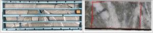 Strongly sericite altered and quartz veined interval of Missing Link Monzogranite from 261.08 m – 264.78 m in MD17. Right photo is close-up of drill core from 263.4 m – 263.5 m. The enveloping one metre interval (263 m – 264 m) returned 1.24 ppm Au, 145 ppm Sb, 2.01 ppm Ag, 5530 ppm As (0.55%), 20 ppm Bi, 30 ppm Mo, and 439 ppm W.