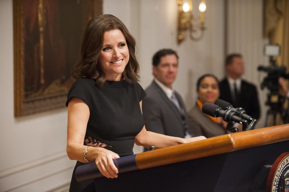 This image released by HBO shows Julia Louis-Dreyfus in "Veep." HBO turned to politics in 2012 with “Seinfeld” alumnus Julia Louis-Dreyfus playing vulgar vice president Selina Meyer on “Veep.” She was a narcissist and bungled one thing after another, from data leaks to campaigning. Somehow, we always ended up rooting for her. (Colleen Hayes/HBO via AP)