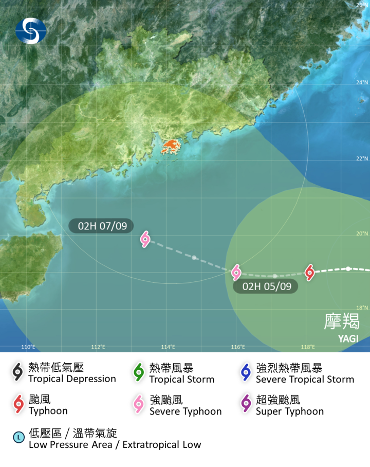 熱帶風暴 摩羯 在香港時間 2024 年 09 月 02 日 02 時的最新資料，天文台評估摩羯有機會以強颱風強度，在周六（2 日）闖入港 300 公里範圍內。（香港天文台）