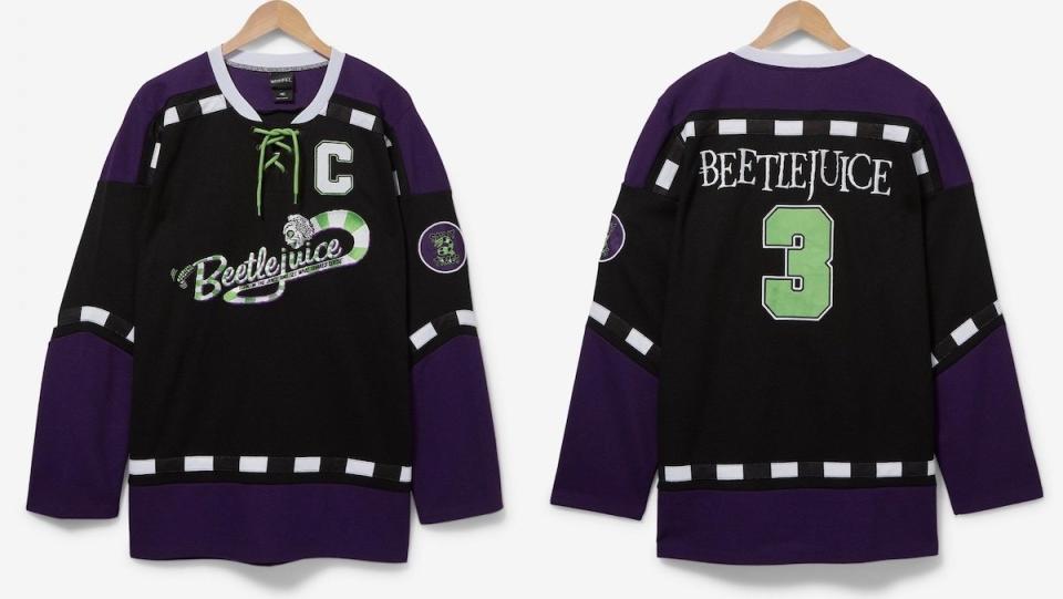 A black, purple, and green Beetlejuice hockey jersey both front and back