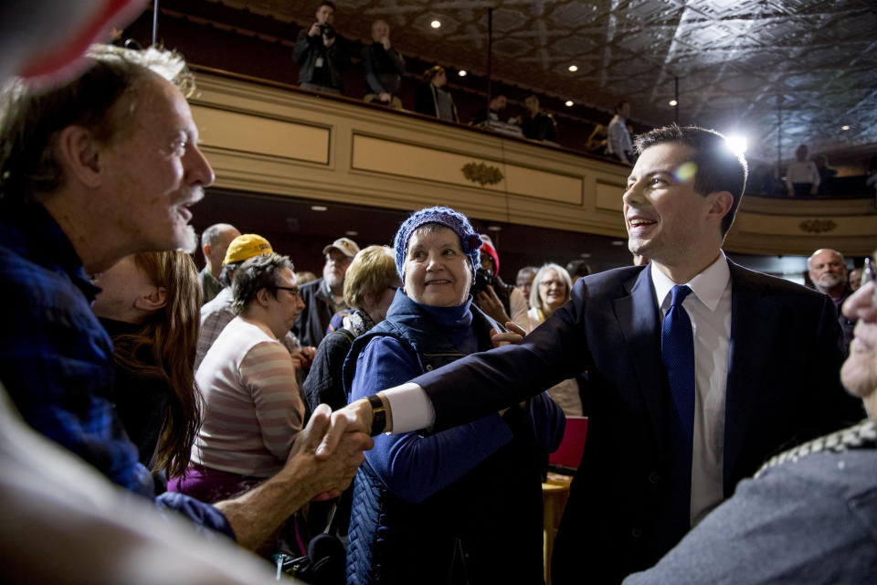 Democratic presidential candidate former South Bend, Ind., Mayor Pete Buttigieg greets members of the audience at a campaign stop at Hotel Winneshiek, Thursday, Jan. 30, 2020, in Decorah, Iowa. (AP Photo/Andrew Harnik)
