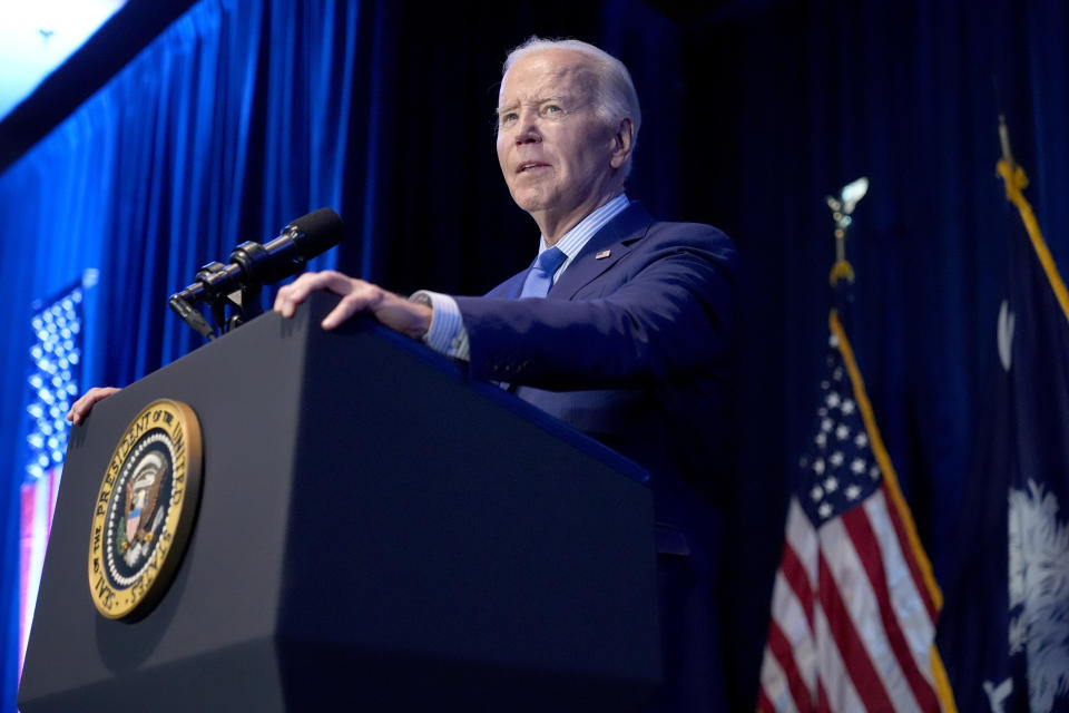 President Joe Biden speaks at South Carolina's First in the Nation dinner at the South Carolina State Fairgrounds in Columbia, S.C., Saturday, Jan. 27, 2024. (AP Photo/Jacquelyn Martin)