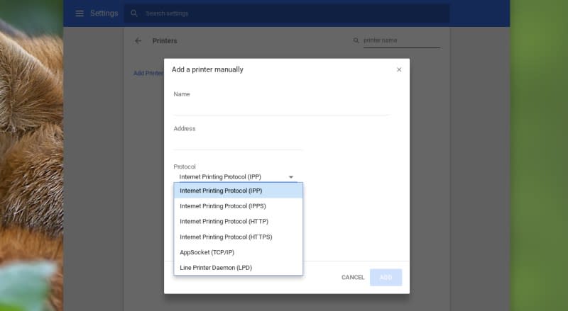 Chrome OS printer dialog box