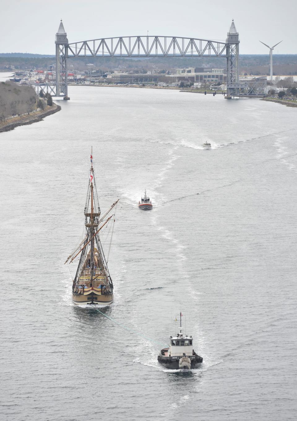 With the Railroad Bridge as a backdrop, the Mayflower II crew makes its way through the Cape Cod Canal in 2022. The ship is a historic reproduction of the ship that brought the Pilgrims to the shores of Patuxet in 1620. This week, the ship is in Mystic, Connecticut, and is expected to make its way to Cape Cod April 10.