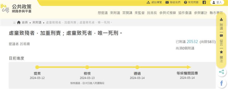 連署結果通過，現在正等待「機關」回應中。（圖／翻攝自公共政策網路參與平台）