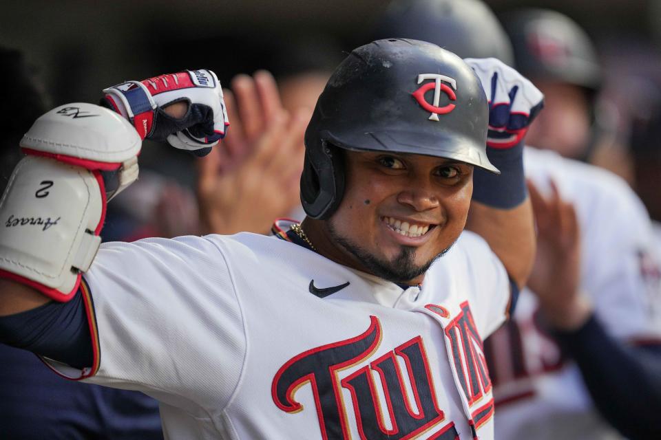 Luis Arraez celebrates after hitting a home run against Cleveland on June 21.