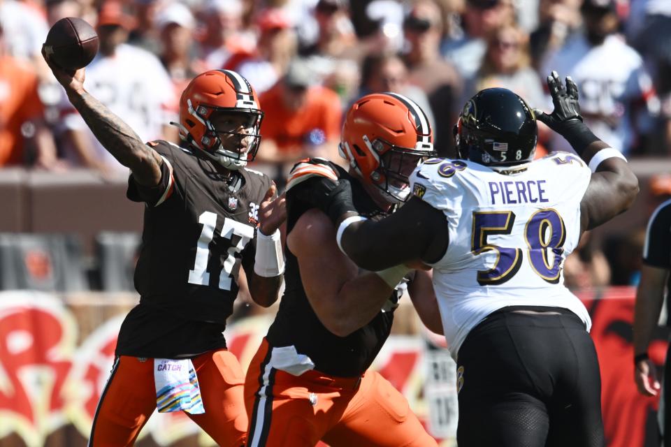 Cleveland Browns quarterback Dorian Thompson-Robinson (17) throws a pass against the Baltimore Ravens on Oct. 1 in Cleveland.