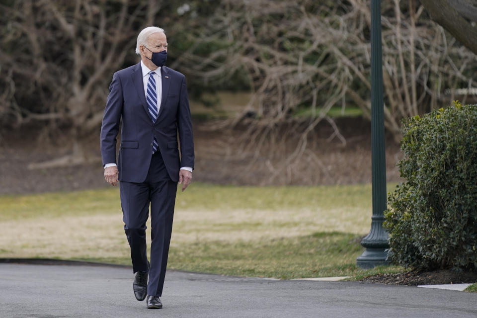 President Joe Biden walks to speak with members of the press on the South Lawn of the White House in Washington, Tuesday, March 16, 2021, before boarding Marine One for a short trip to Andrews Air Force Base, Md. Biden is en route to Pennsylvania. (AP Photo/Patrick Semansky)