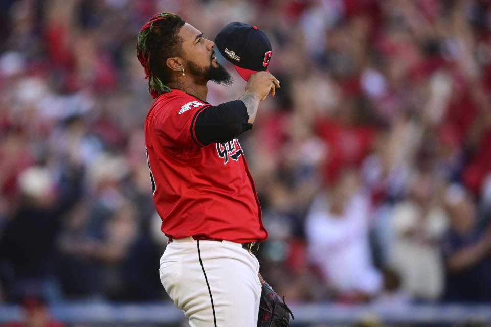 Cleveland Guardians' Emmanuel Clase gestures after the Cleveland Guardians defeated the Detroit Tigers in Game 1 of baseball's AL Division Series, Saturday, Oct. 5, 2024, in Cleveland. (AP Photo/David Dermer)