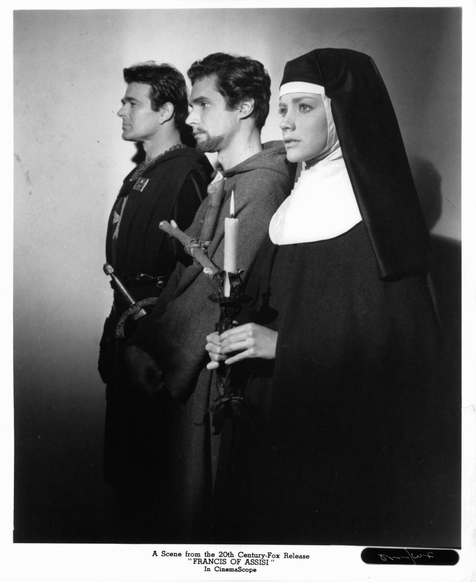 Stuart Whitman, Bradford Dillman and Dolores Hart in publicity portrait for the film 'Francis Of Assisi', 1961. (Photo by 20th Century-Fox/Getty Images)