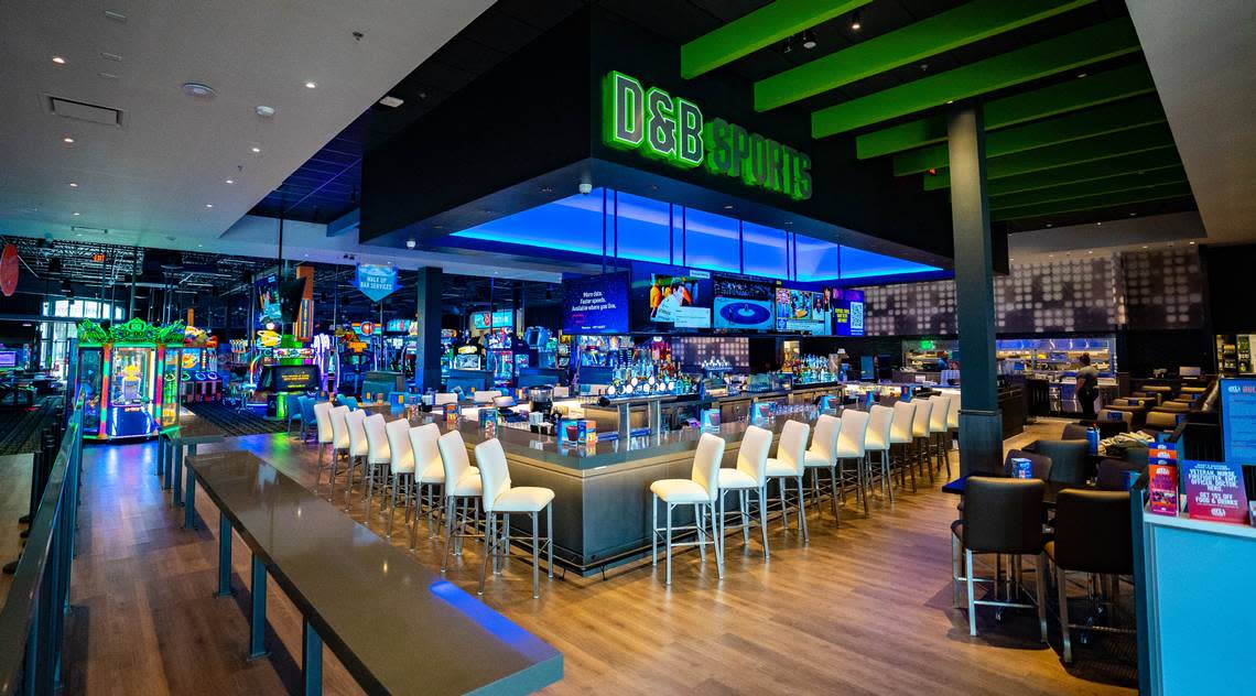 A sports bar area sits in the middle of Dave & Buster’s in Folsom on Tuesday, March 26, 2024. Cameron Clark/cclark@sacbee.com