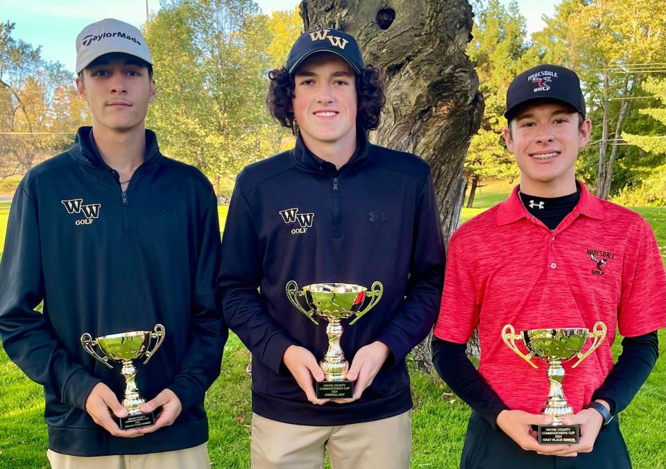 Western Wayne's Jamie Chapman (center) is the overall champion of the 2024 Wayne County Commissioners Cup. Also earning trophies were Honesdale's Lucas Stephens (right) and Ryan Schane (left) as Low Seniors.