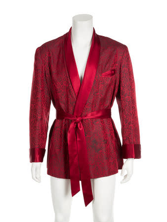 Playboy founder Hugh Hefner's trademark silk smoking jacket from Hugh Hefner collection going up for sale as part of an auction of his belongings is seen in this image released by Julien's Auctions in Culver City, California, U.S., October 11, 2018. Courtesy Julien's Auctions/Handout via REUTERS