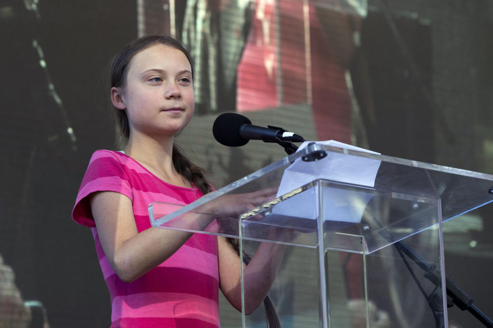 Swedish teenage climate activist Greta Thunberg speaks as she takes part during the Climate Strike, Friday, Sept. 20, 2019 in New York. Tens of thousands of protesters joined rallies on Friday as a day of worldwide demonstrations calling for action against climate change began ahead of a U.N. summit in New York. (AP Photo/Eduardo Munoz Alvarez)