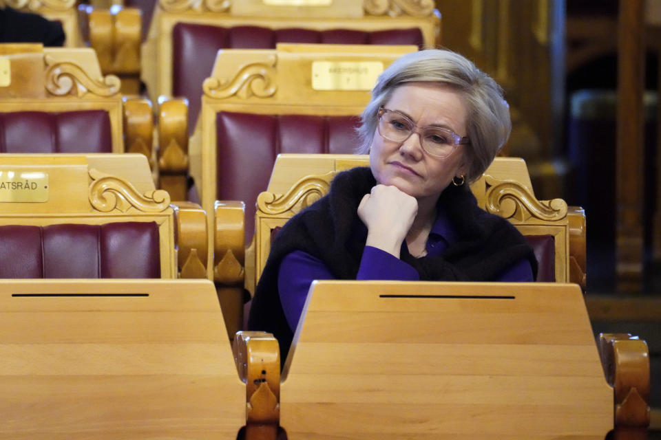 Minister of Health and Care Ingvild Kjerkol sits in the parliamentary chamber in Oslo, Wednesday Jan. 17, 2024. The plagiarism scandal began with students in some of Norway’s elite schools being suspended for recycling parts of their own work. It has turned into a scandal that could topple two government ministers. Labor’s Ingvild Kjerkol is fighting for her own career blaming “editing errors,” for similarities between her own academic work and that of other authors. (Ole Berg-Rusten/NTB via AP)