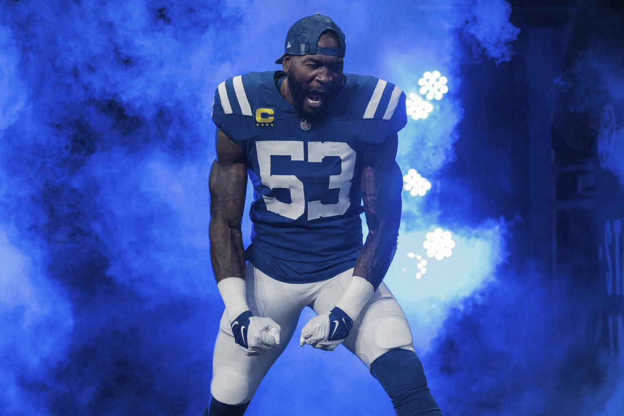 Indianapolis Colts linebacker Shaquille Leonard (53) gets introduced before an NFL football game against the Los Angeles Rams, Sunday, Oct. 1, 2023, in Indianapolis. (AP Photo/Zach Bolinger)