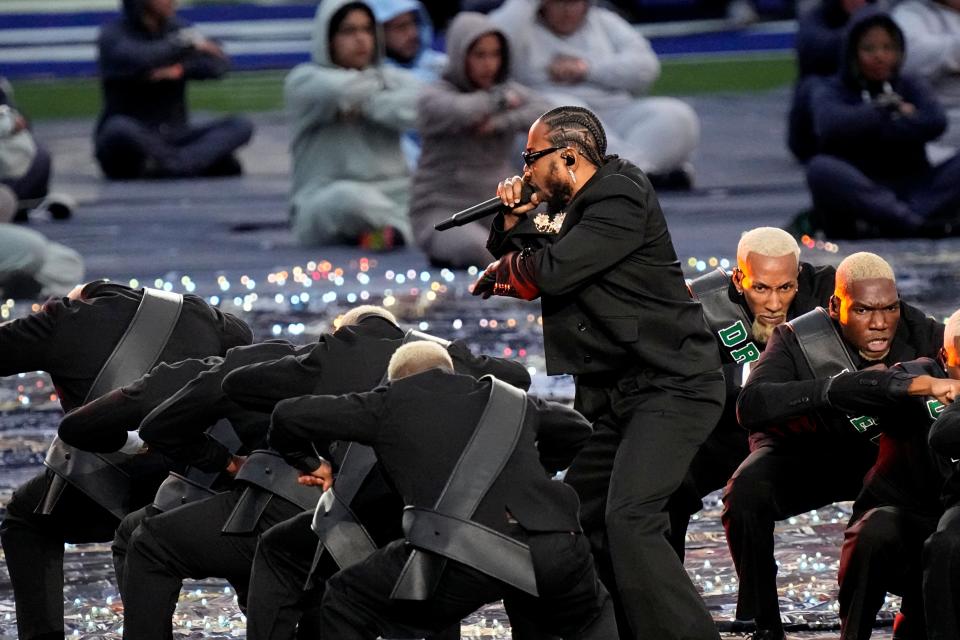 Kendrick Lamar performs during halftime of the NFL Super Bowl on Feb. 13, 2022, in Inglewood, Calif.