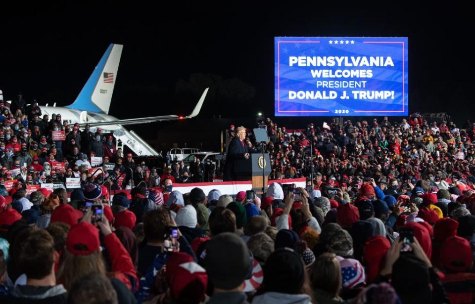 US President Donald Trump at a Make America Great Again rally at Erie International Airport in Erie, Pennsylvania.