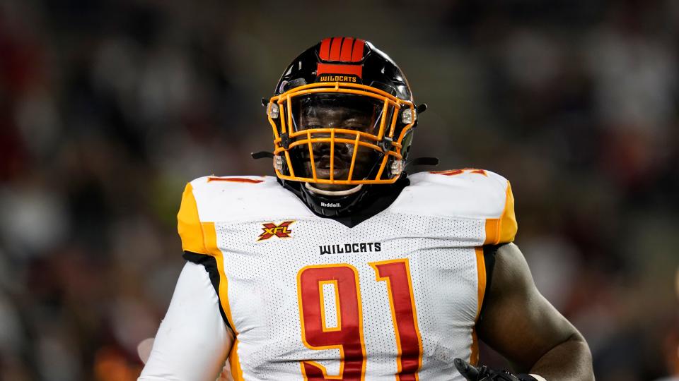 Los Angeles Wildcats defensive tackle Boogie Roberts runs toward the play during an XFL game, Saturday, Feb. 8, 2020, in Houston.