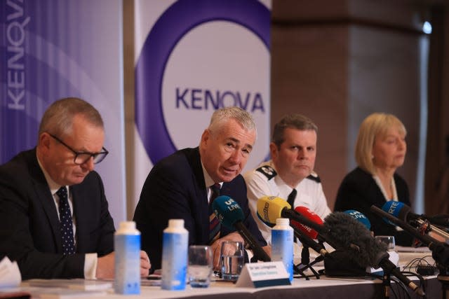 Left to right, officer in charge of Operation Kenova Sir Iain Livingstone, PSNI Chief Constable Jon Boutcher, Temporary Deputy Chief Constable Chris Todd, and former victims commissioner Judith Thompson at Stormont Hotel in Belfast for the publication of the Operation Kenova Interim Report into Stakeknife, the British Army’s top agent inside the IRA in Northern Ireland during the Troubles